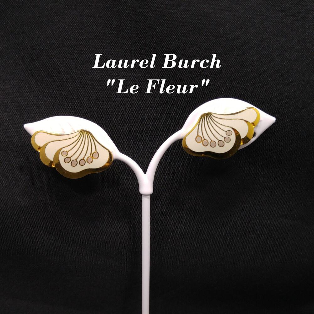 Laurel Burch "Le Fleur" Gold & White Clip Earrings, Gold Plated, 1980s Vintage